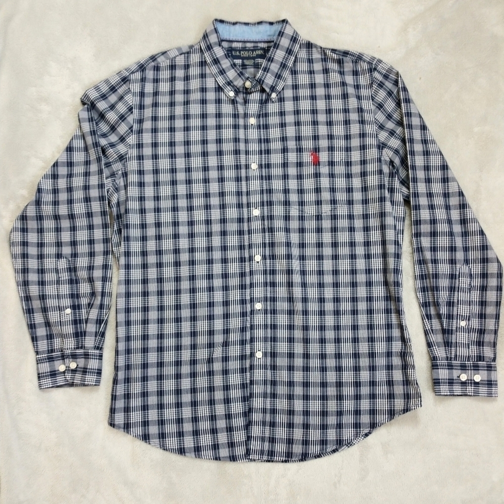 U.S. Polo Assn. Blue & White Plaid Button Down Long Sleeve Shirt Sz L